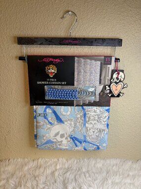 Ed Hardy Tiger Skull Tattoo Blue Shower Curtain 13 Piece Hook Set 72x72 NWT
